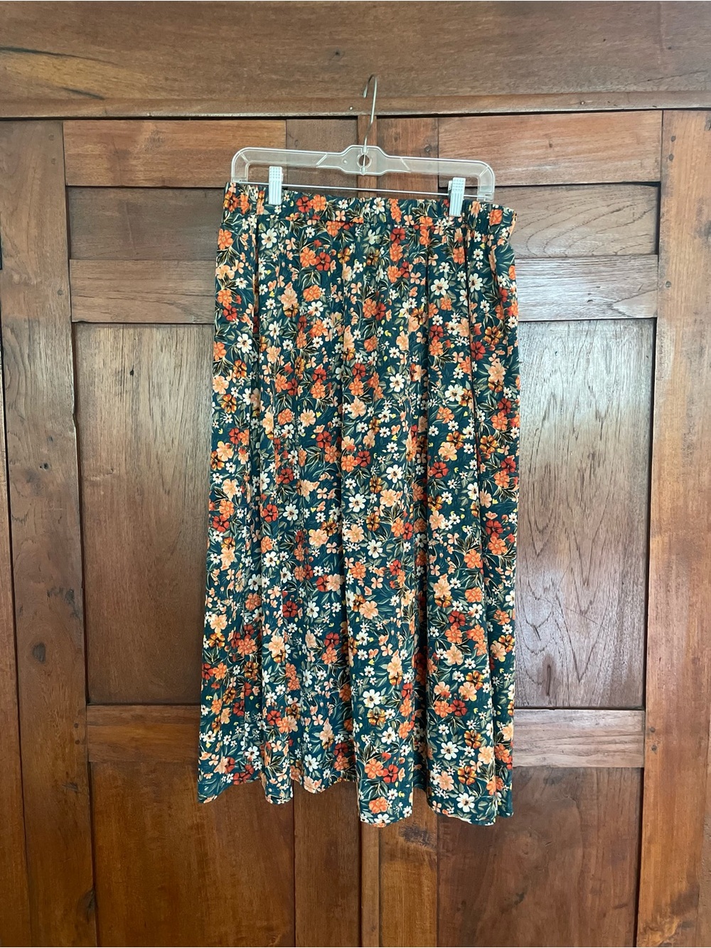 Floral Midi Skirt in Dark Green and Orange